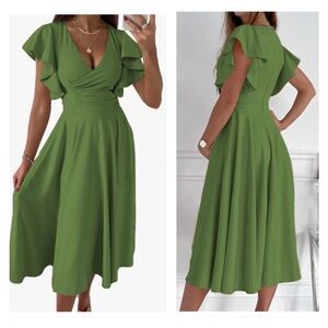 Green Mock Wrap Bodice Short Ruffle Sleeves A-line Midi Dress